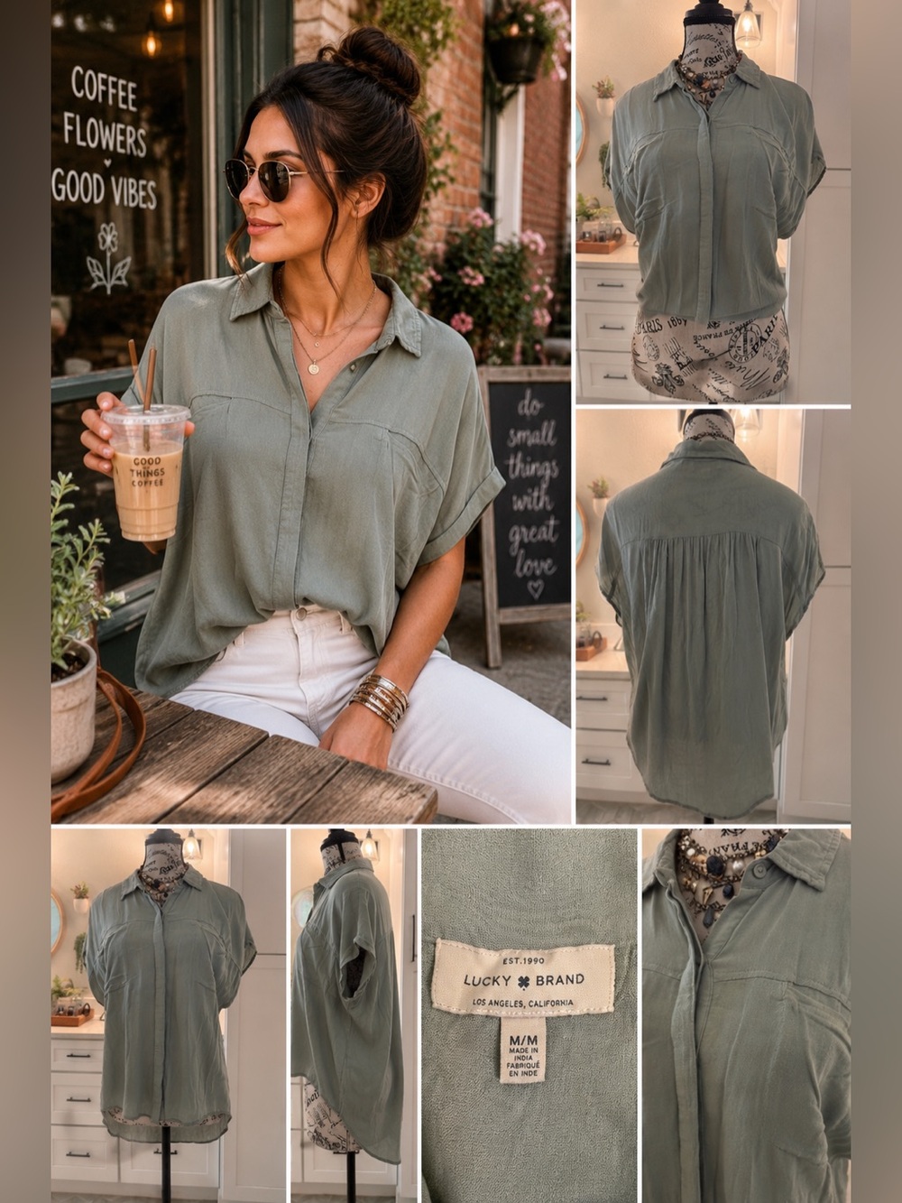 Lucky Brand Sage Green Dolman Sleeve Button Down Top - Size Medium